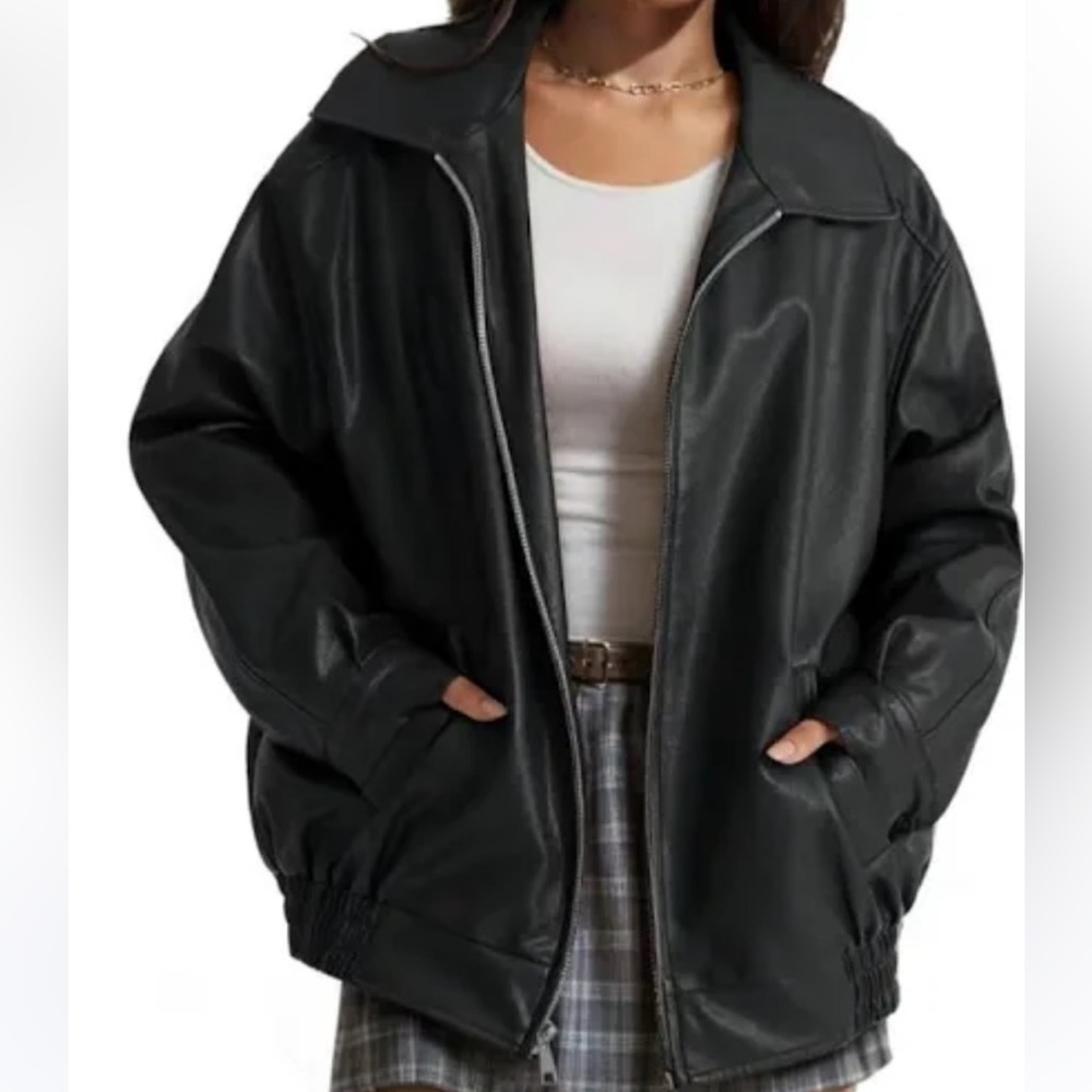 Oversized Leather Bomber Jacket - Picture 2 of 3